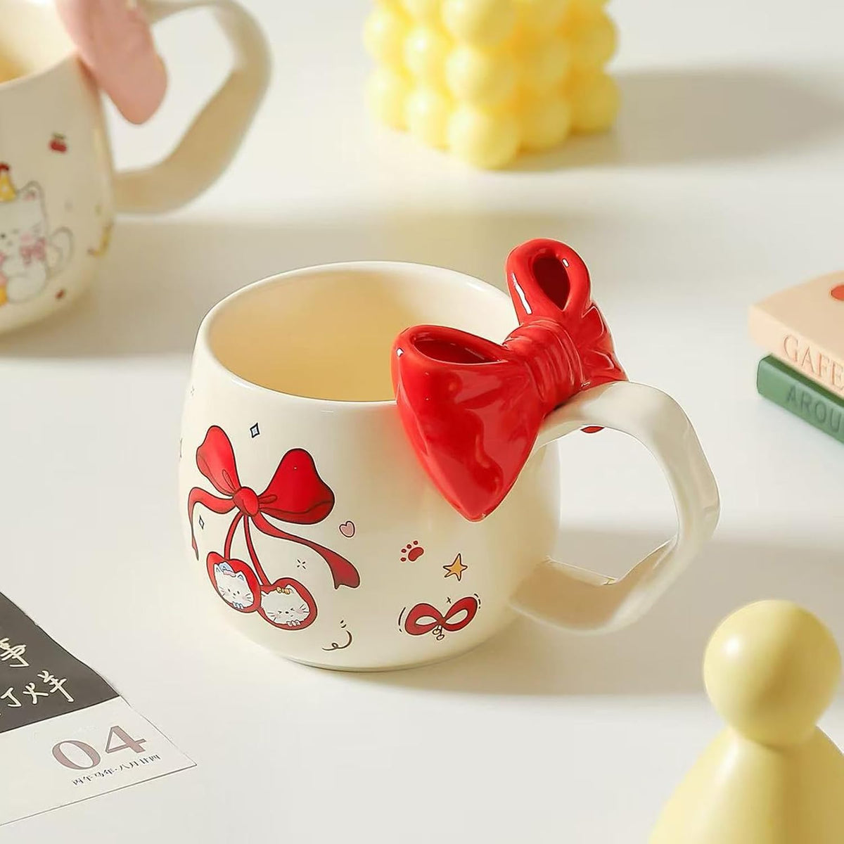 Cute Cherry Cat Ceramic Coffee Mugwith 3D Bow & Bow Spoon