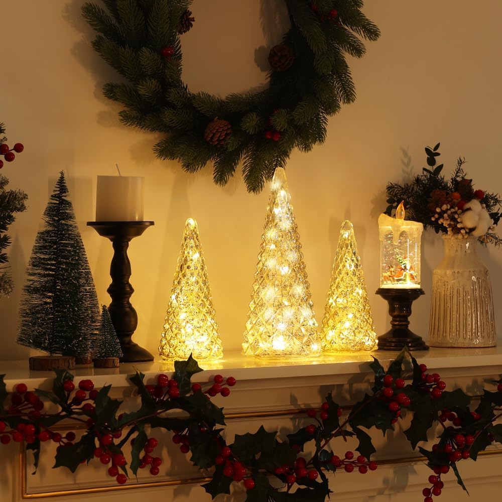 Christmas Decorations Indoor, YEAHOME Set of 3 Pre-lit Gold Glass Christmas Tree for Home Decor, Christmas Table Decorations Lighted Xmas Tree with Timer for Living Room Mantel Tabletop Party