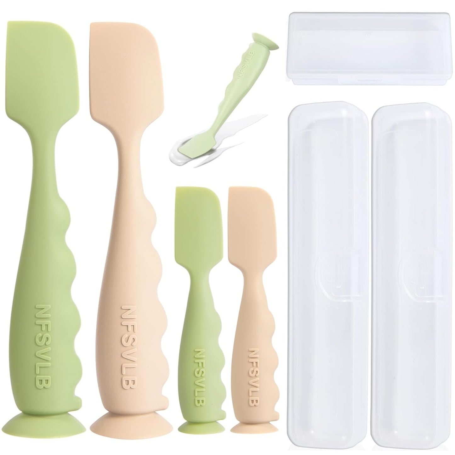 Diaper Cream Spatula Set (2 Large + 2 Mini) with 3 Travel Cases Soft Silicone Applicators, Suction Base (Green/White)