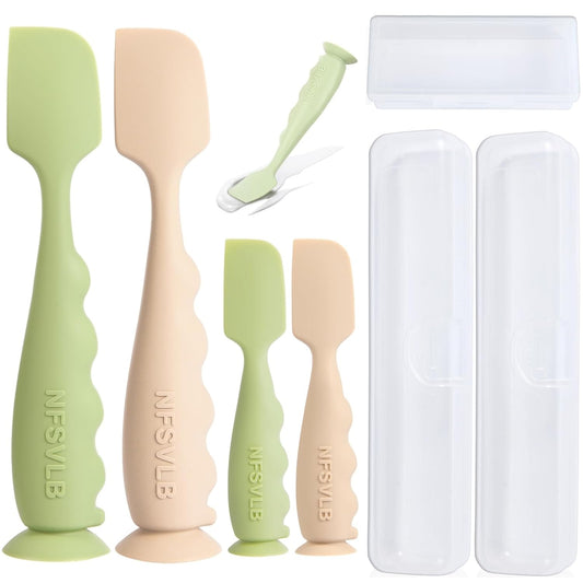 Diaper Cream Spatula Set (2 Large + 2 Mini) with 3 Travel Cases Soft Silicone Applicators, Suction Base (Green/White)