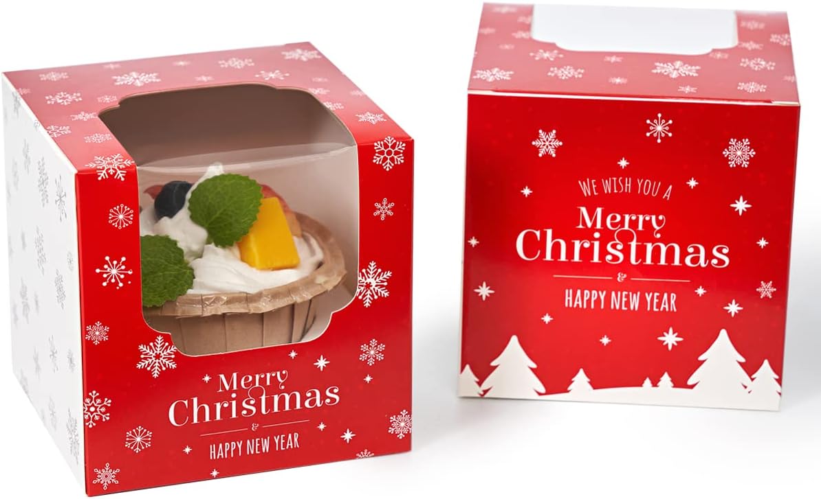 Happyhiram 50 Pack Christmas Red Cupcake Boxes with Inserts and Window
