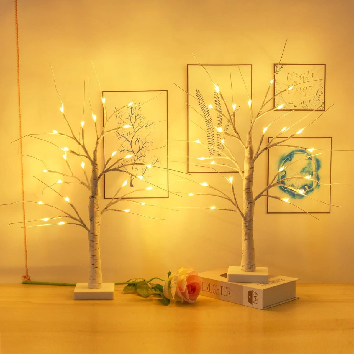 2 Pack 2FT Lighted Birch Tree with Timer for Christmas Decorations Indoor