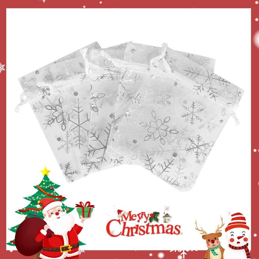 HRX Package 100pcs Snowflake Organza Gift Bags Christmas 3x4 inch, Small White Mesh Jewelry Pouches Little Drawstring Candy Bags