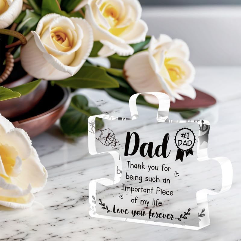 Dad Birthday Gift - Engraved Acrylic Block Puzzle Piece Decorations 3.9 x 3.3 inch - Christmas Fathers Day Birthday Gift for Dad from Daughter Son, Ideas Puzzle Piece Home Decor