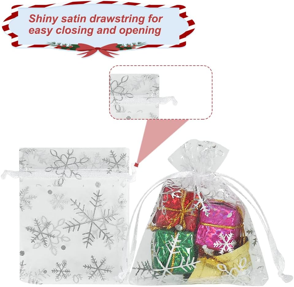 HRX Package 100pcs Snowflake Organza Gift Bags Christmas 3x4 inch, Small White Mesh Jewelry Pouches Little Drawstring Candy Bags