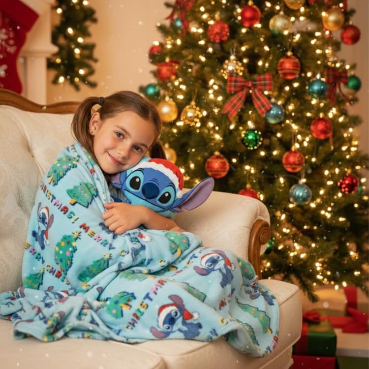 Jay Franco Kids Christmas Hugger Set â€“ 12" Plush Pillow Buddy & 46" x 60" Fleece Throw Blanket, Ultra-Soft Bedding & Travel Set, Holiday Bedroom & Couch DÃ©cor, Blue - Stitch