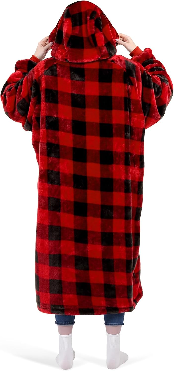 KPBLIS Wearable Blanket Hoodie Gifts for Women Men, Cozy Hoodie Blankets Sweatshirt Christmas Birthday Gifts for Women Mom Wife, Warm Fleece Hooded Blanket with Sleeves for Adults, Red Buffalo Plaid