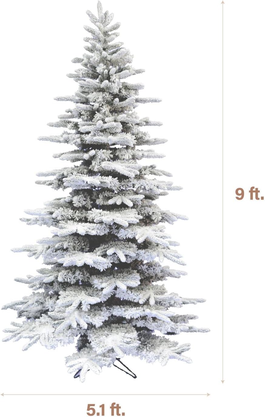 Fraser Hill Farm 9-Ft. Pine Valley Flocked Christmas Tree, Snowy Xmas Tree with DIY Potential with No Attached Lights, Artificial Christmas Tree with Metal Base, Easy to Set up