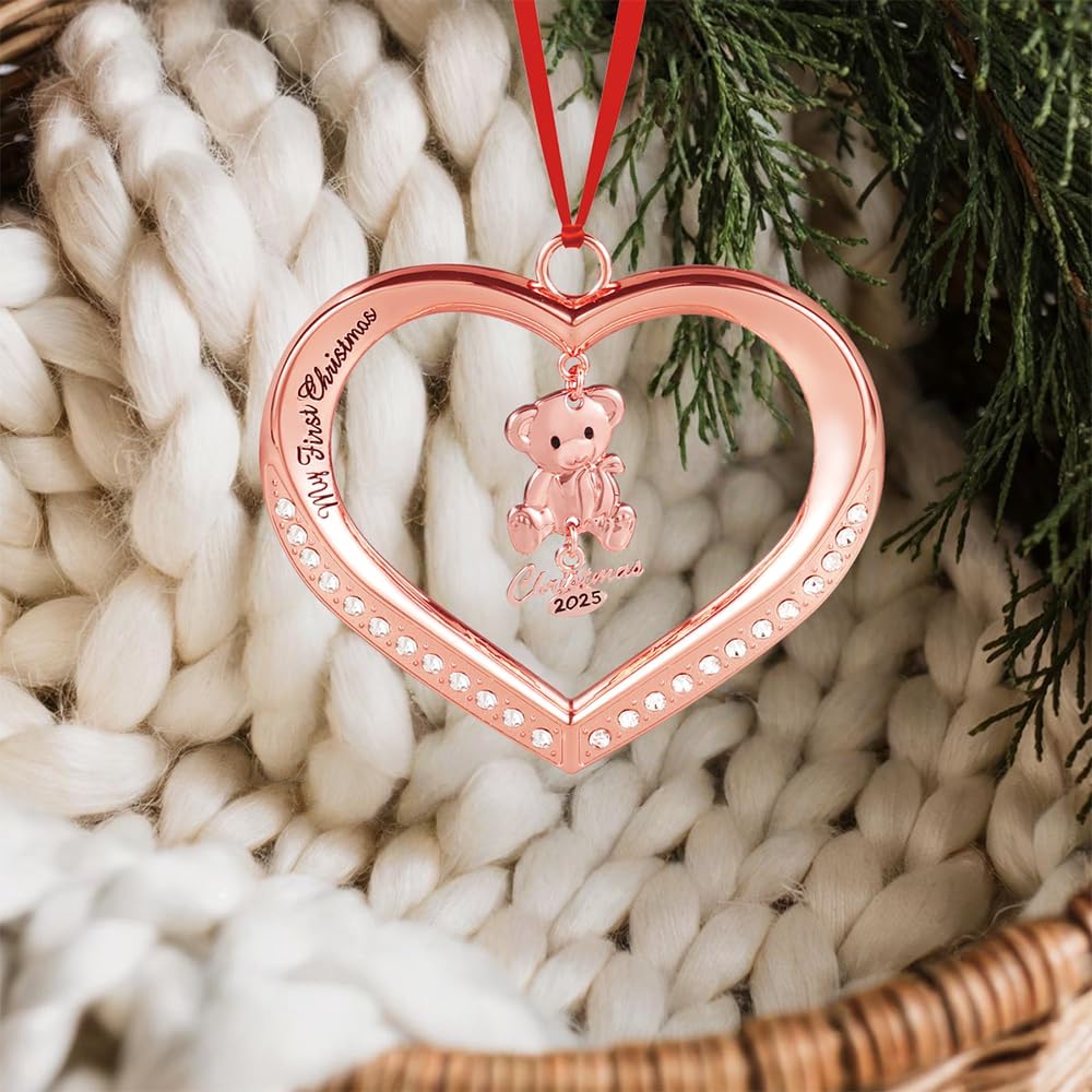 Baby's First Christmas Ornament 2026, Rose Gold Heart with Hanging Teddy Bear Christmas Ornament, Babies Christmas Ornament Engraved My First Christmas 2026, Baby Ornament 2026 with Gift Box