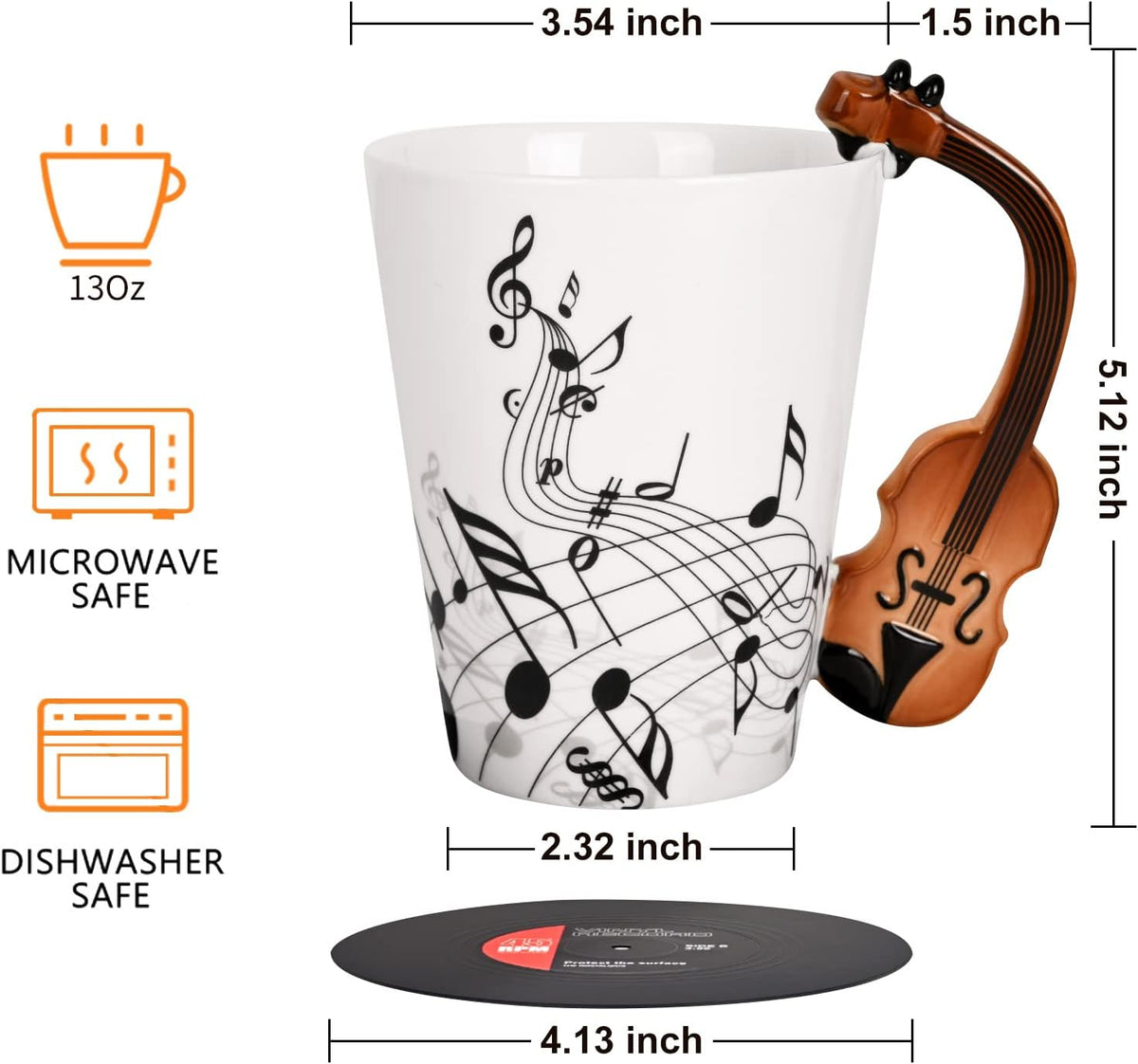 Maustic Novelty Violin Mug - 13 Oz Ceramic with Vinyl Record Coaster, Perfect for Music Lovers, Musicians, and Violinists - Ideal for Christmas or Birthday Gifts