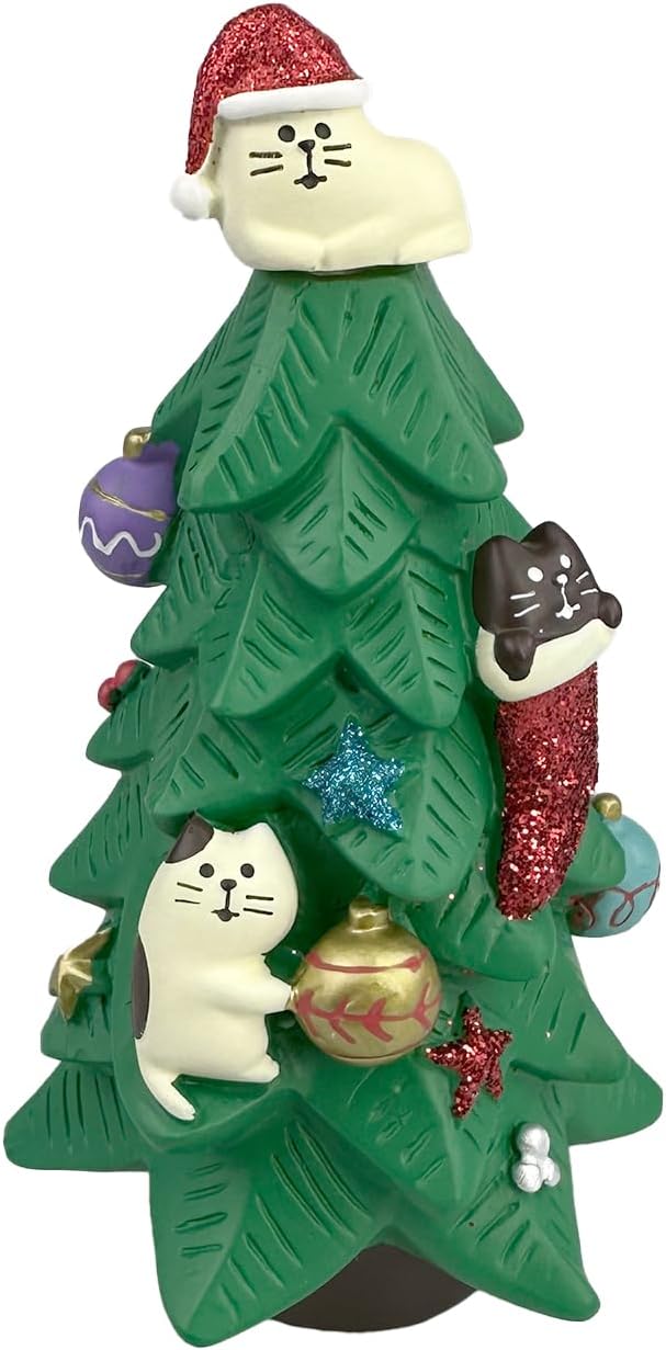 Refintural 5.1 Inch Resin Christmas Cat Tree - Perfect for Office, Home or Gift - Adorable Mini Christmas Tree with Cute Cat Kitten Figurines Cute Christmas Decoration for Cat Lovers