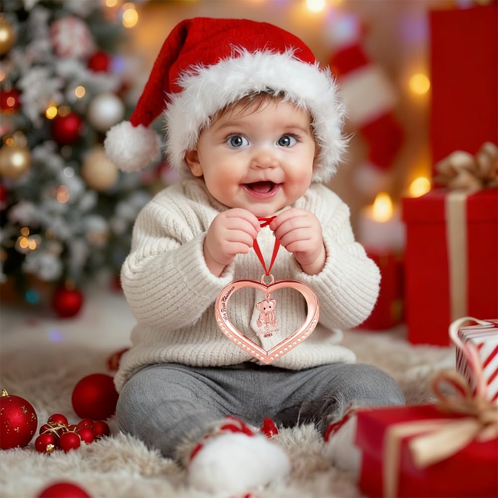 Baby's First Christmas Ornament 2026, Rose Gold Heart with Hanging Teddy Bear Christmas Ornament, Babies Christmas Ornament Engraved My First Christmas 2026, Baby Ornament 2026 with Gift Box