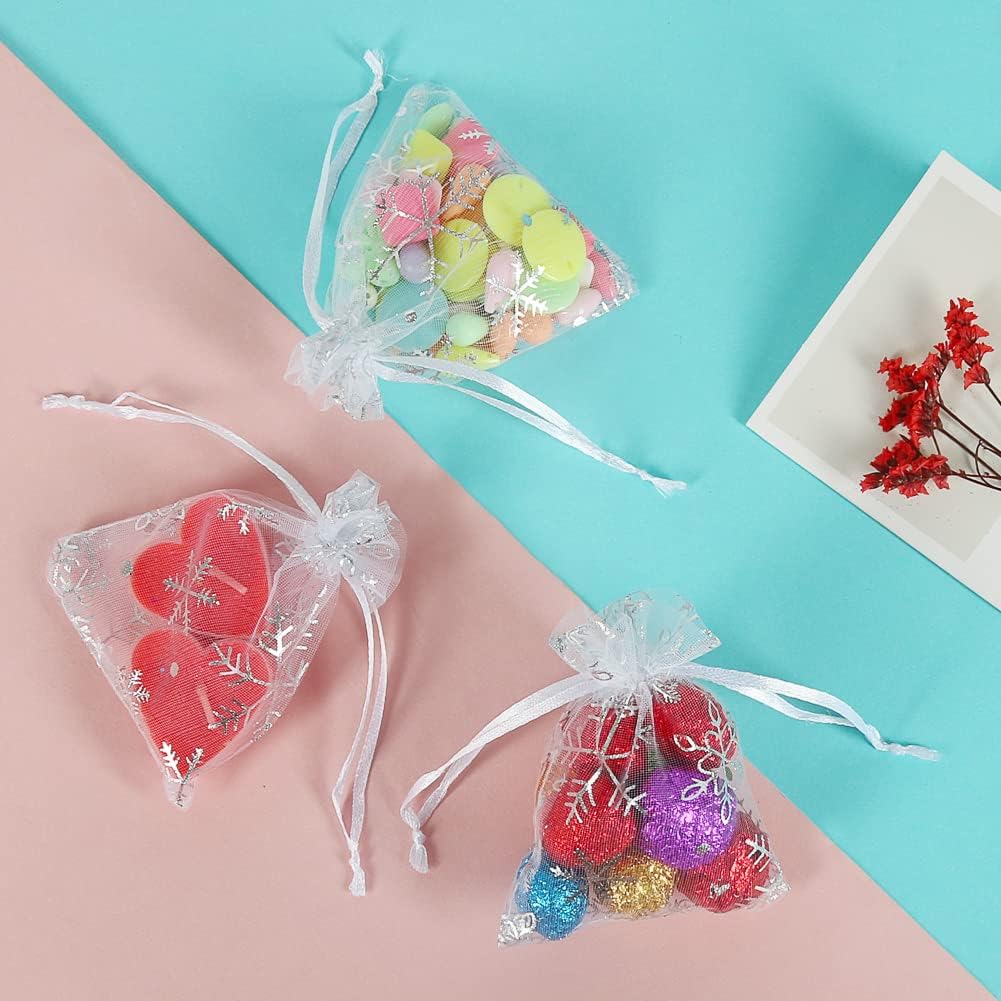 HRX Package 100pcs Snowflake Organza Gift Bags Christmas 3x4 inch, Small White Mesh Jewelry Pouches Little Drawstring Candy Bags