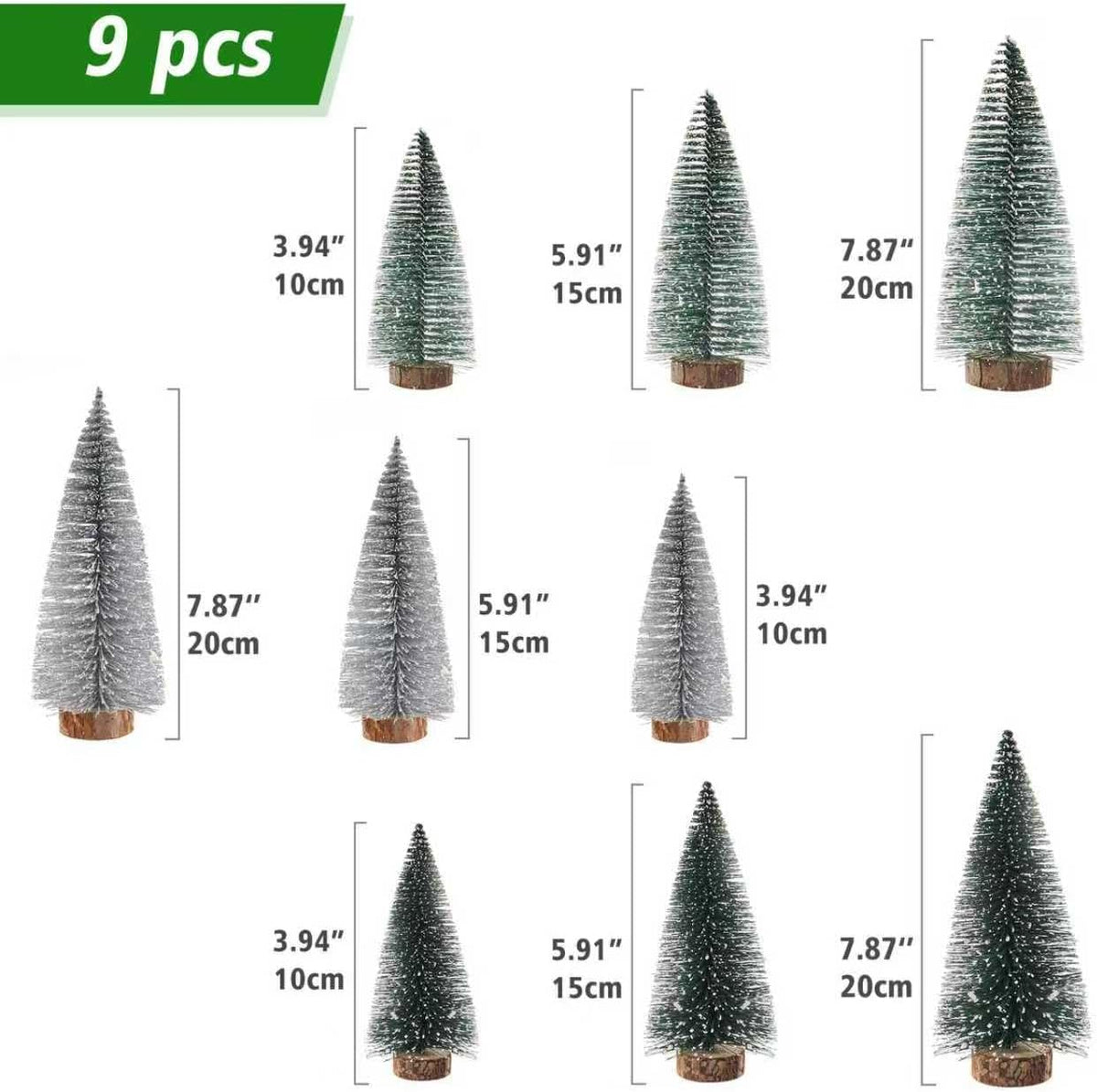 Mini Christmas Trees Christma Decor 9Pcs Artificial Christmas Decorations with 3 Sizes, Christmas Tree Bottle Brush Trees Christmas Table Decorations (Green,Silver,Dark Green)