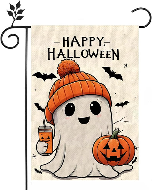 Halloween Ghost Garden Flag 12?×18? Double-Sided Burlap Spooky Yard Decor | USA Decoration®