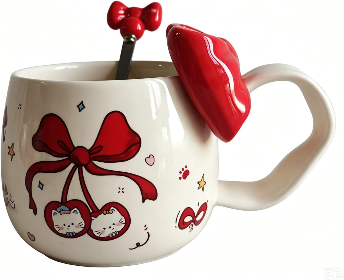 Cute Cherry Cat Ceramic Coffee Mugwith 3D Bow & Bow Spoon