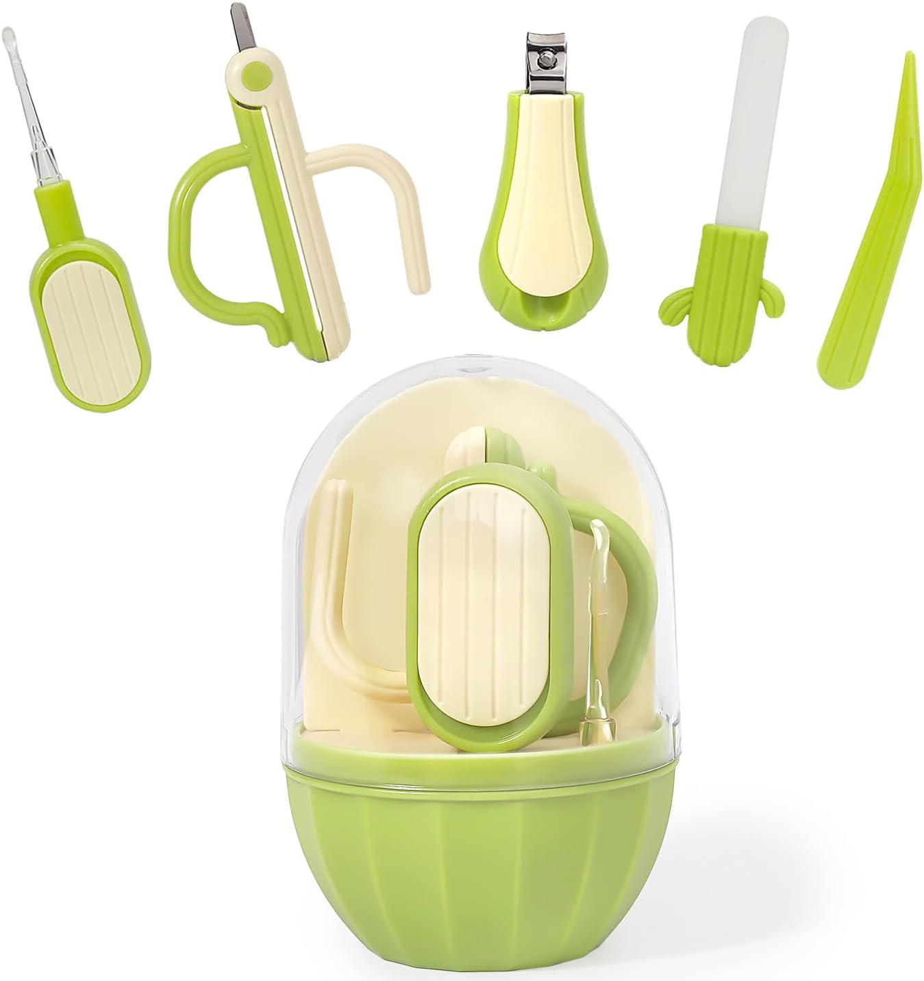 5-in-1 Baby Nail Care Kit with Storage Case Cactus Design Newborn Grooming Set with Clippers, Scissors, File & Tweezers (Green)