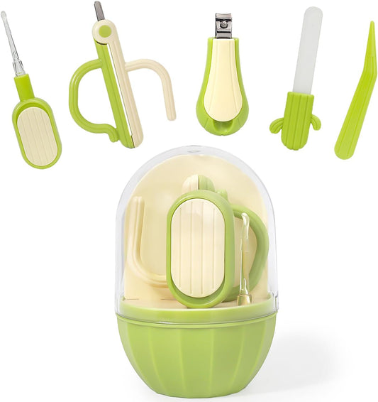 5-in-1 Baby Nail Care Kit with Storage Case Cactus Design Newborn Grooming Set with Clippers, Scissors, File & Tweezers (Green)