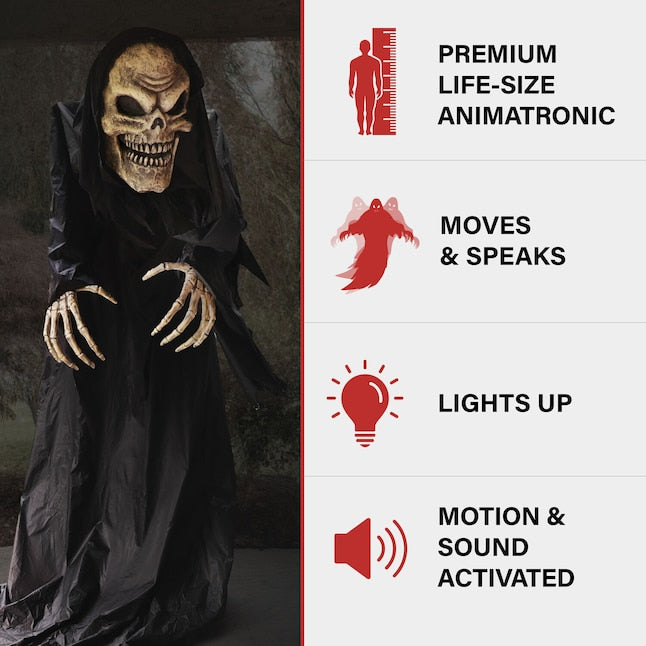 Haunted Hill Farm 7-ft Lighted Animatronic Colossal, the Hunched Skeleton Reaper | USA Decoration