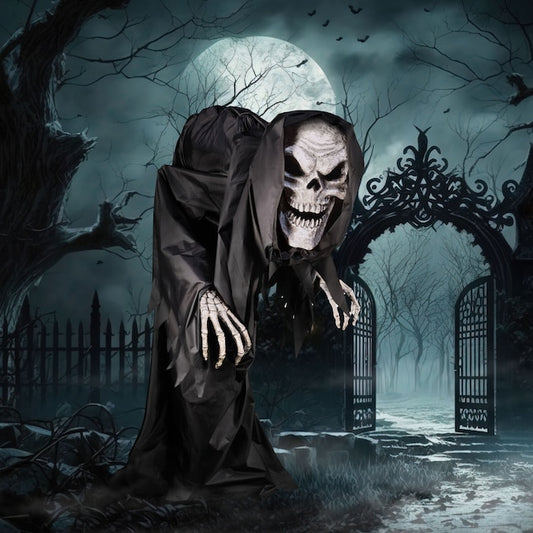 Haunted Hill Farm 7-ft Lighted Animatronic Colossal, the Hunched Skeleton Reaper | USA Decoration
