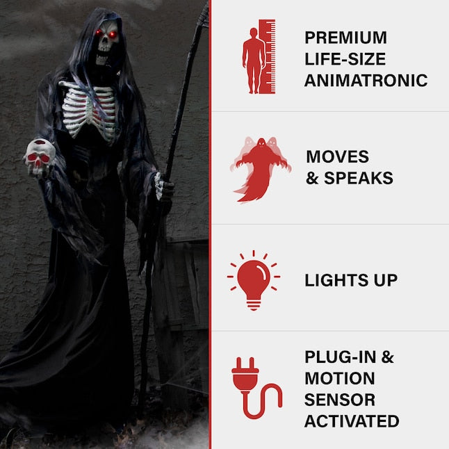 Haunted Hill Farm 7-ft Lighted Animatronic Khronos, the Rotting Reaper | USA Decoration