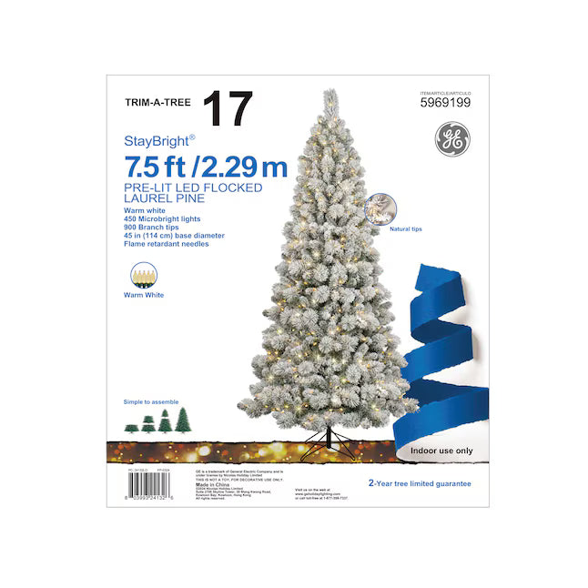 7.5-ft Laurel pine Pre-lit Flocked Artificial Christmas Tree with White LED Lights | USA Decoration®