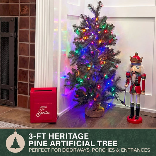 3-ft Heritage pine Pre-lit Artificial Christmas Tree with Multicolor LED Lights | USA Decoration®