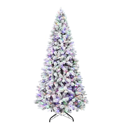 9-ft Flocked Albany Pine Pre-lit Artificial Christmas Tree with Color Changing LED Lights | USA Decoration®
