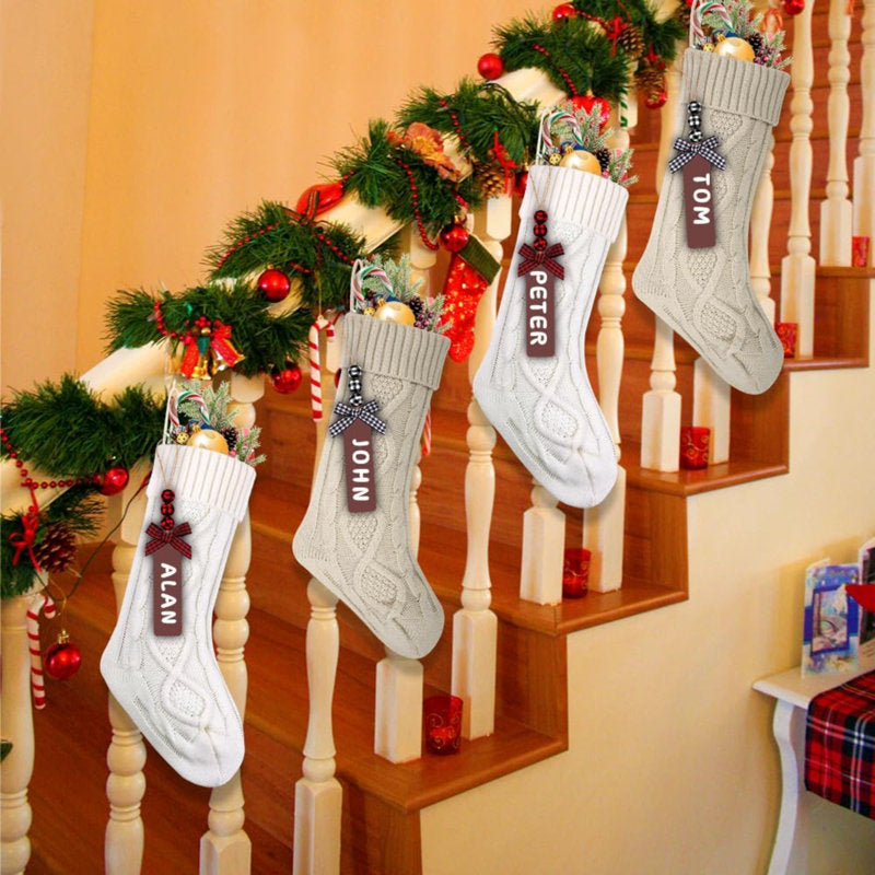 6Pack Christmas Stockings, 18Inch Large Personalized Cable Knitted Xmas Hanging Stocking Decorations With Name Tags For Holiday Christmas Party Family Decor (Khaki And White)