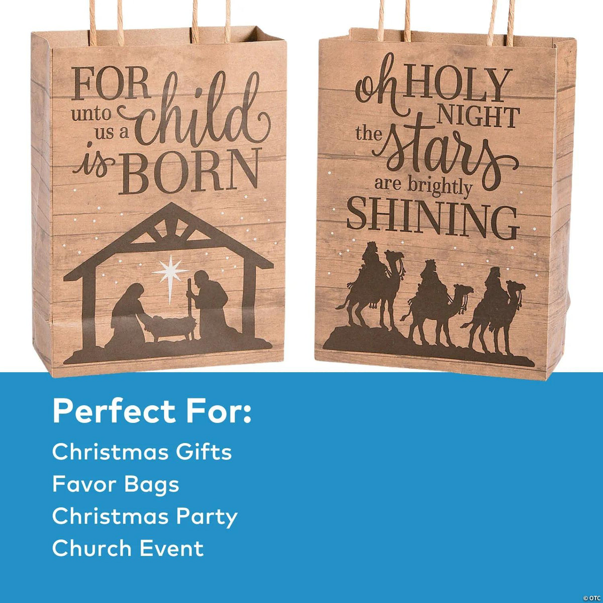 6 1/2" x 9" Medium Nativity Barnwood Print Kraft Paper Gift Bags - 12 Pc.