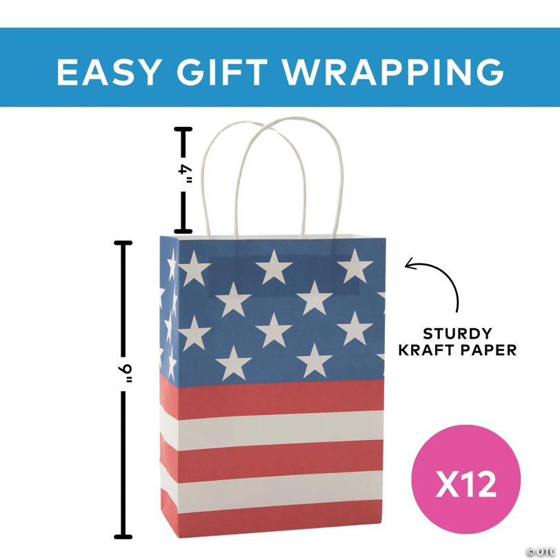 6 1/2" x 9" Medium Traditional American Flag Kraft Paper Gift Bags - 12 Pc.