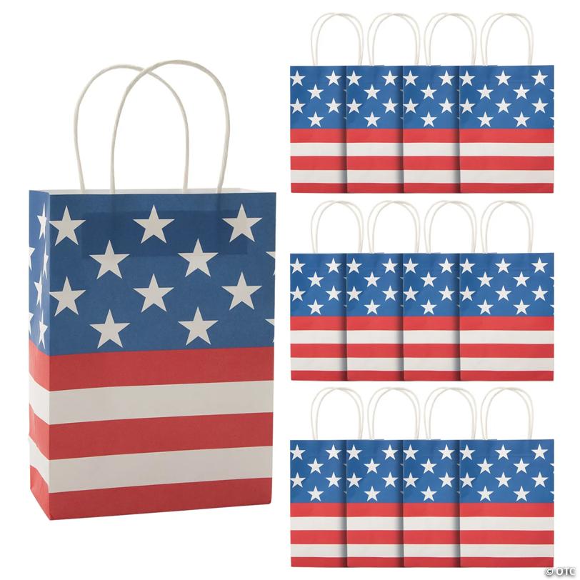 6 1/2" x 9" Medium Traditional American Flag Kraft Paper Gift Bags - 12 Pc.