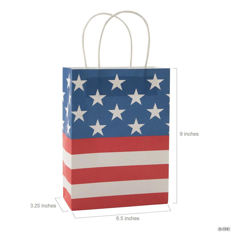 6 1/2" x 9" Medium Traditional American Flag Kraft Paper Gift Bags - 12 Pc.