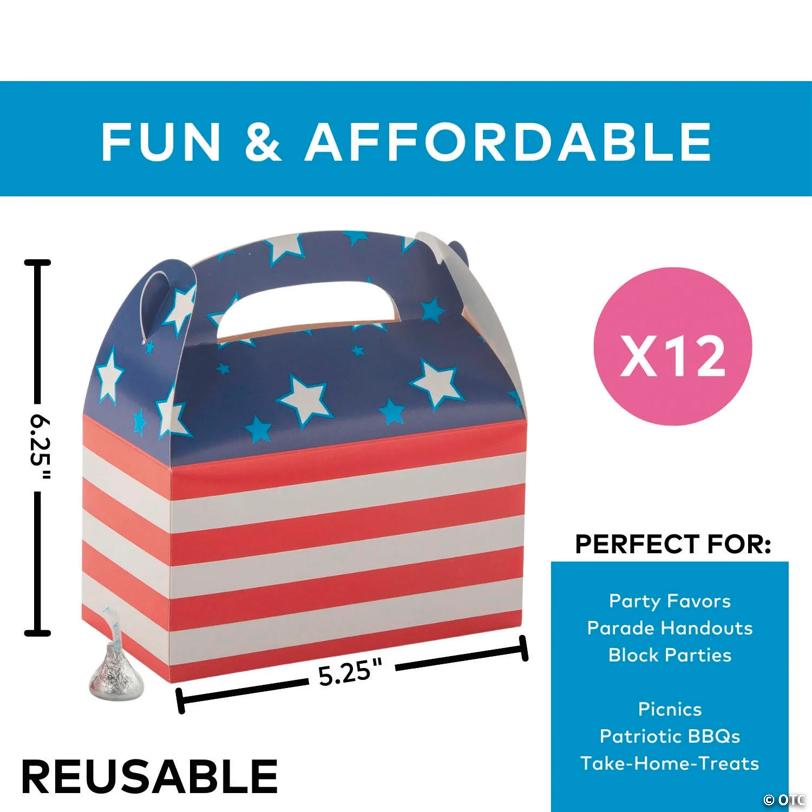 6 1/4" x 5 1/4" Patriotic Stars & Stripes Cardstock Favor Boxes – 12 Pc.
