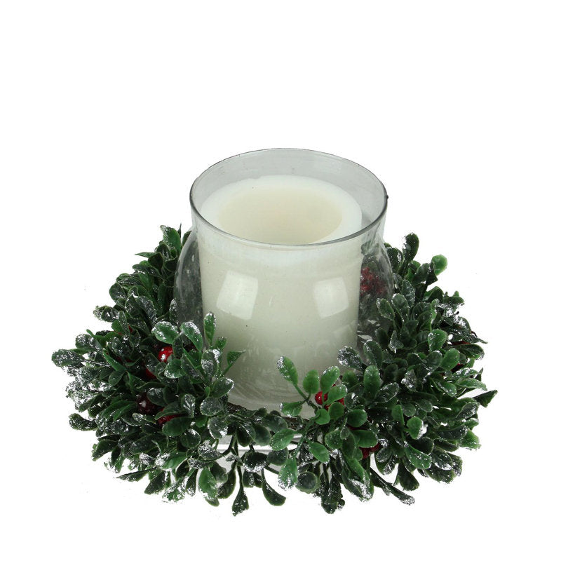 6" Clear and Green Boxwood with Berry Tipped Christmas Hurricane Pillar Candle Holder