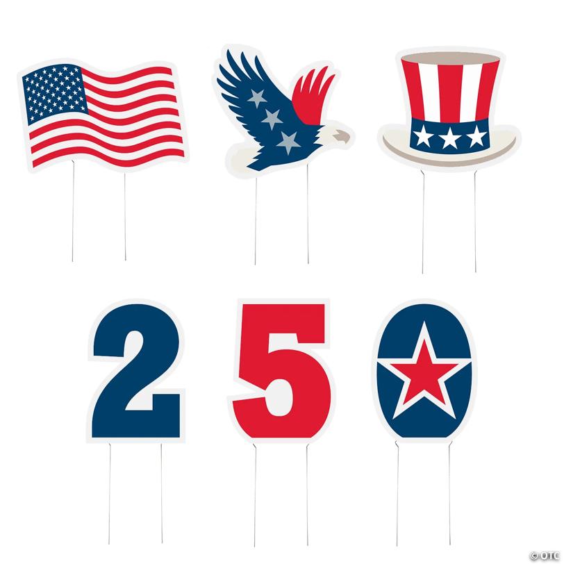 6 3/4" – 12" Patriotic America 250th Anniversary Single-Sided Plastic Yard Signs – 6 Pc.