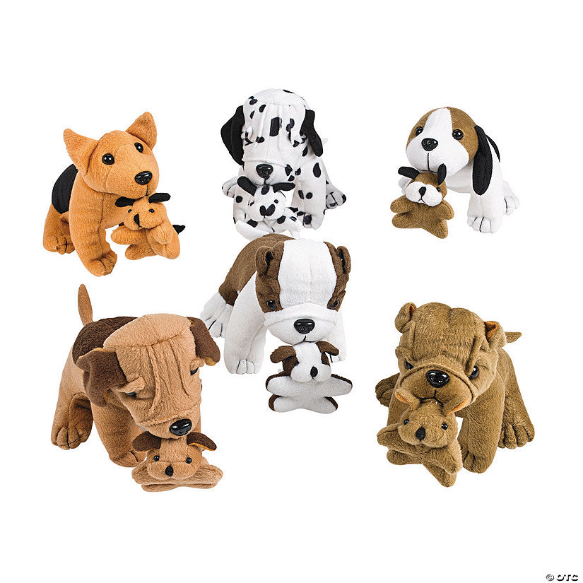6" - 7" Brown, White & Black Stuffed Dogs Holding Puppies - 12 Pc. | USA Decoration®