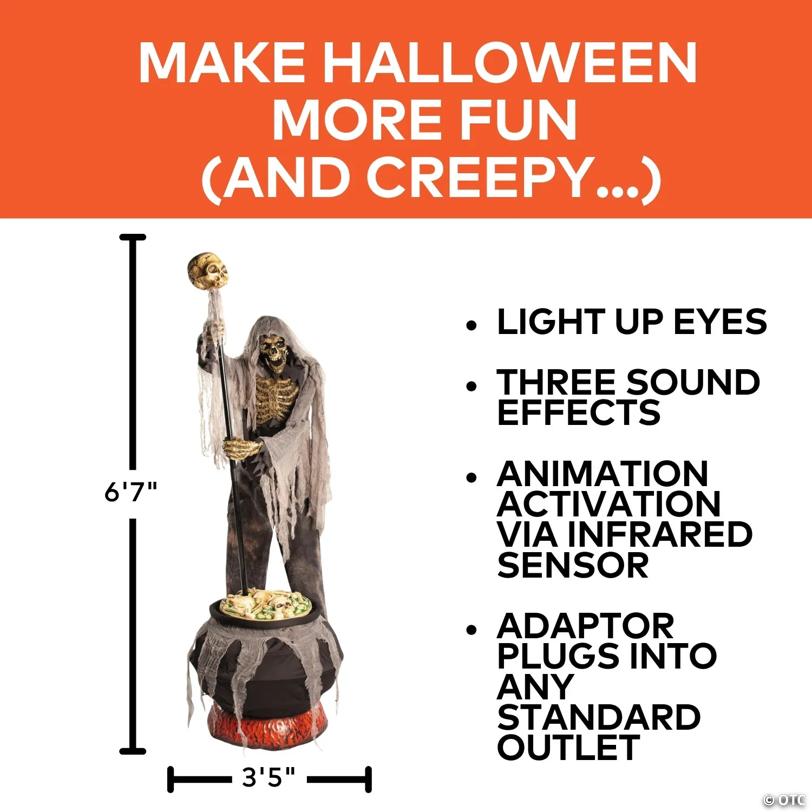 6 Ft. 7" Animated Light-Up Skeleton Stirring Cauldron Halloween Decoration