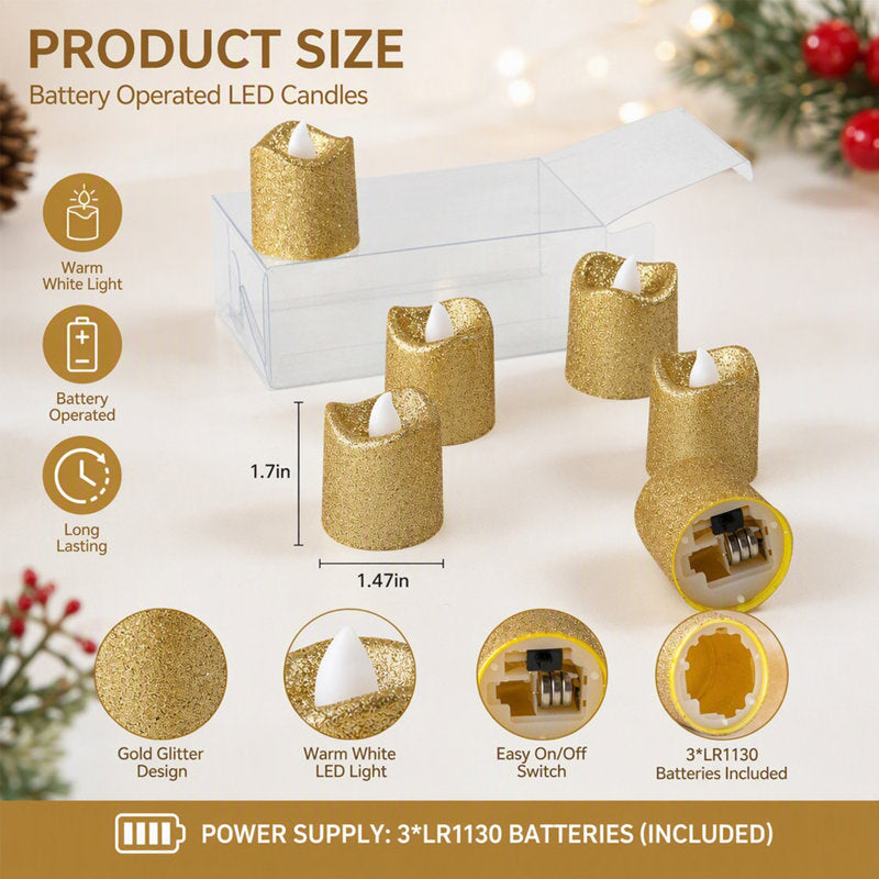 6 Pack Gold Glitter LED Votive Candles, Battery Operated Flameless Tealight Candles with Flickering Flame, Warm Light Candle Lights for Wedding, Christmas, Birthday, Anniversary, Party Table Decor