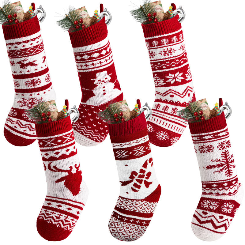 6 Pcs 18" Knit Christmas Stockings, Large Rustic Yarn Christmas Stockings Bulk for Family Holiday Decorations, with Snowflake Snowman Reindeer Character for Christmas Tree Fireplace Decoration