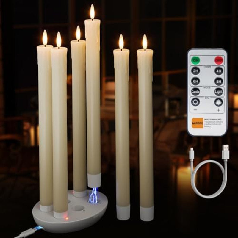 6 Pcs Rechargeable Flameless Taper Candles With Charging Station, Real Wax LED Taper Candles Flickering With Remote&Timer,3D Battery Operated Window Candlesticks For Home Wedding Christmas Decor Ivory