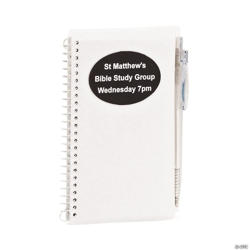 6" Personalized Classic White Paper Spiral Notebooks with Plastic Pens for 12 | USA Decoration®