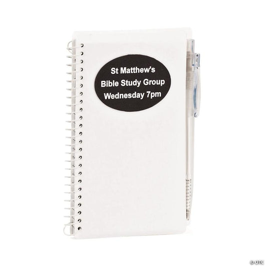 6" Personalized Classic White Paper Spiral Notebooks with Plastic Pens for 12 | USA Decoration®