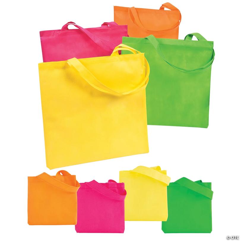 6" - 17" Bulk 48 Pc. Bright Neon Nonwoven Tote Bag Assortment