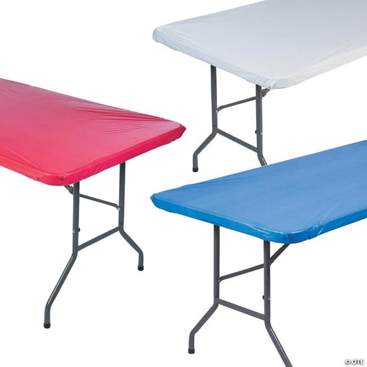 6 ft. Patriotic Red, White & Blue Fitted Disposable Plastic Tablecloths Kit - 12 Pc.