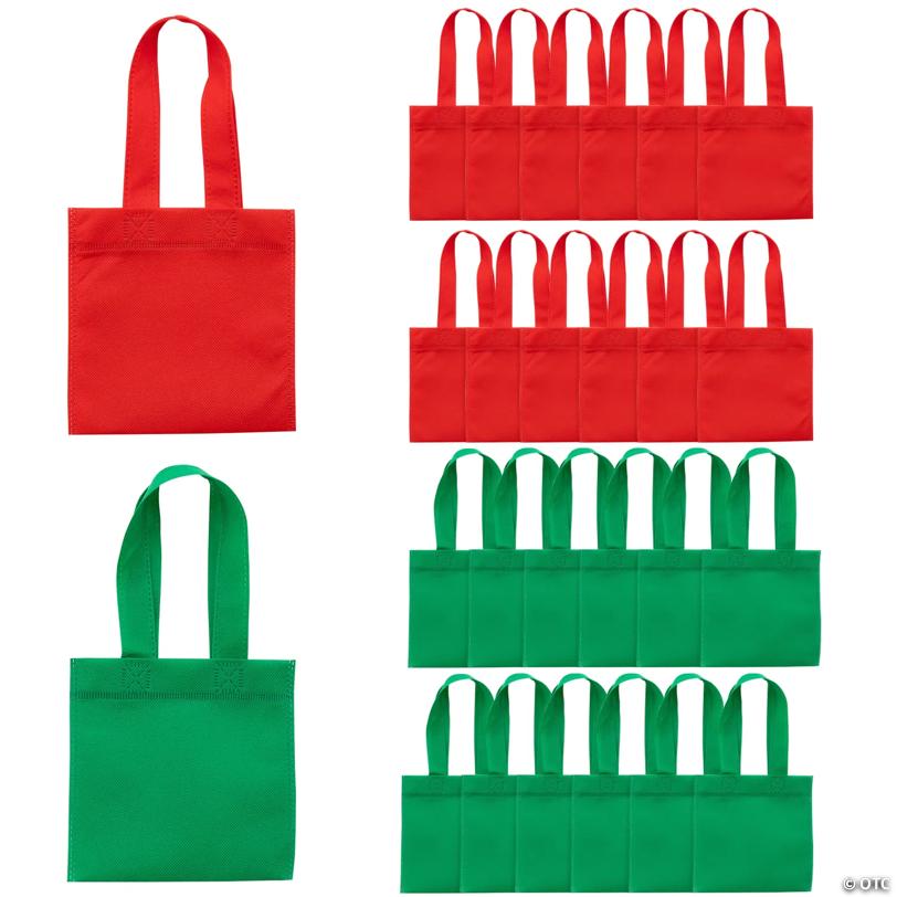 6" x 6" Mini Christmas Bright Red & Green Nonwoven Tote Bag Assortment – 24 Pc.