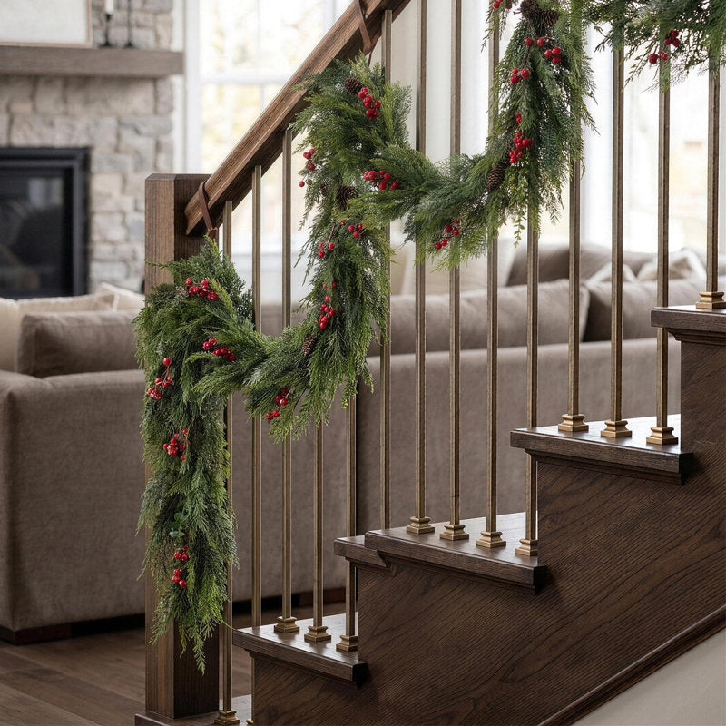 6 ft Ball Christmas Garland wrapped around a staircase banister