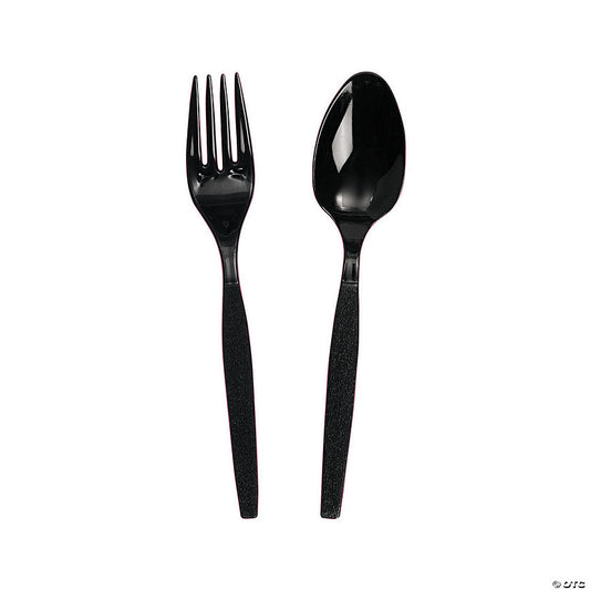 Black Plastic Fork Spoon Cutlery Set - 16 Ct. | USA Decoration®