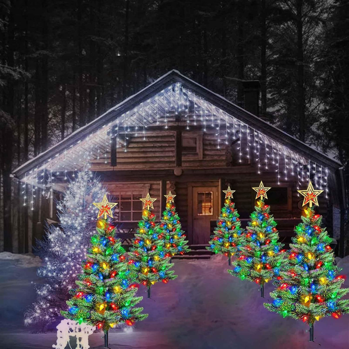 Upgraded Set of 2 Solar Christmas Tree, Outdoor Christmas Decorations,Prelit Xmas Tree w/ 100 LED Multi-color C6 String Lights for Outsdie Holiday Display Yard Front Porch Pathway Grave Cemetery Decor