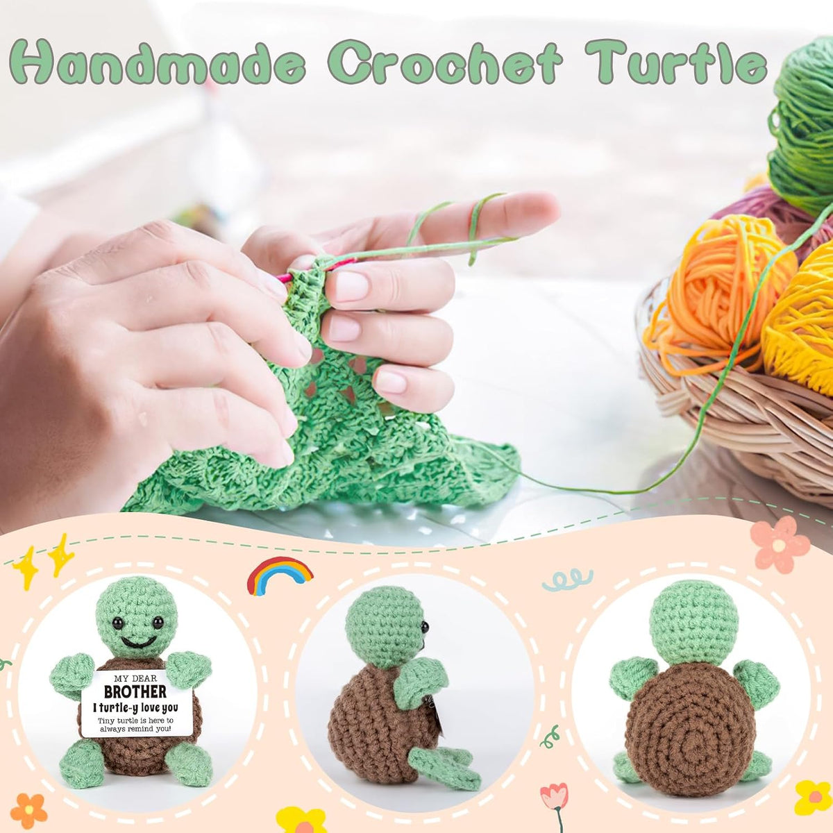 Mini Funny Turtle Brother Gifts from Sister Brother, Christmas Birthday Gifts for Men Friends Presents, I Love You Small Cool Cute Stuff Things, Handmade Emotional Positive Crochet Turtle